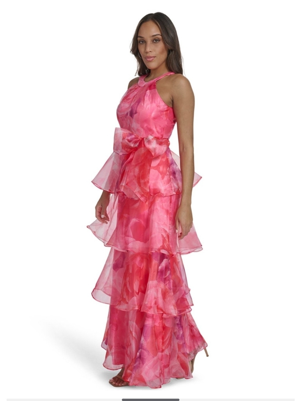 Eliza J Dress Pink Organza Halter Neck Tiered Skirt Gown Size 14 Belted